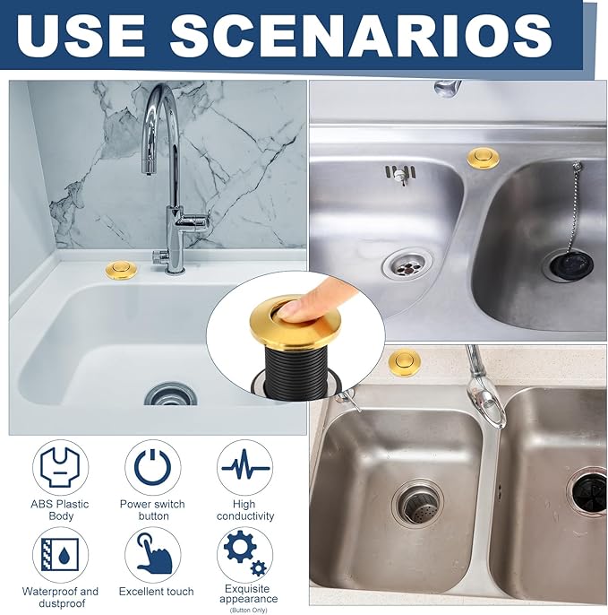 Garbage Disposal Air Switch Kit Wireless Sink Top Garbage Disposal Button Stainless Steel/On/Off Waterproof Button Kit with Long Switch Matte UL Listed(Dual Outlet,Gold,Long Size)