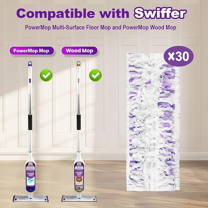 30 Count Disposable Mop Pad Refills, Compatible with Swiffer PowerMop Multi-Surface Mop, Absorbent Cleaning Pads for Hardwood, Tile & Laminate Floors