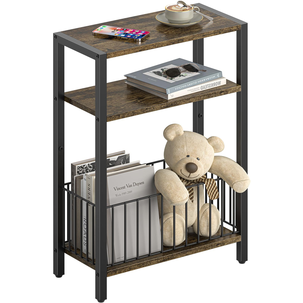 Narrow Side Table with Storage Basket Small End Table - Image 1