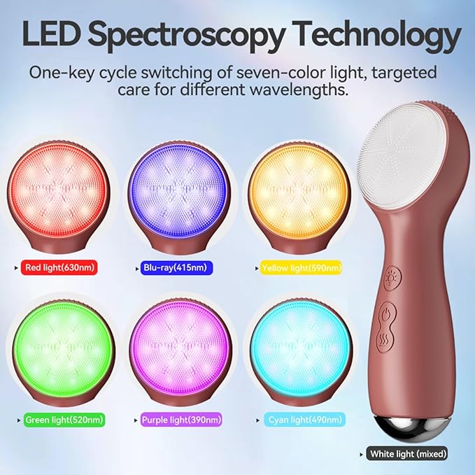 Facial Cleansing Brush Electric, Silicone Heated Face Scrubber with 7 LED Lights, Rechargeable Vibration Exfoliating Cleanser for Deep Cleaning & Gentle Massage, Skin Care Tool, Ideal Gift (Purple)