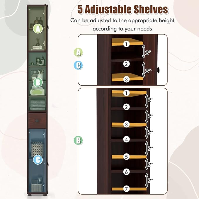 Giantex Slim Bathroom Storage Cabinet - 71” Tall Narrow Floor Cabinet Cupboard with 2 Doors, 5 Adjustable Shelves, 1 Drawer, Anti-Tipping Device, 2 Pack Thin Linen Tower Cabinet, Reddish Brown