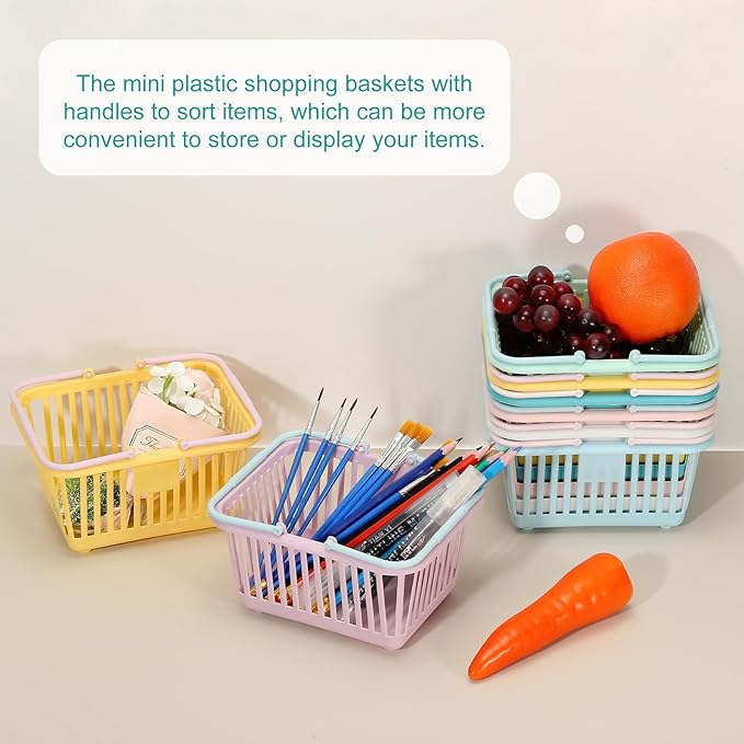 PATIKIL 8PCS Small Plastic Basket,Mini Storage Basket Grocery Tiny Shopping Baskets with Handle Organizer Filtered Water for Organizing Toys Fruits Veggies Snacks, Pink