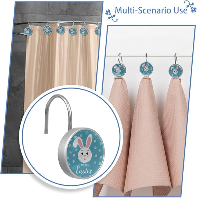Easter Cute Bunny Rabbit Crystal Glass Shower Curtain Hooks for Bathroom Shower Rod, 12Pcs Round Home Decorative Shower Curtain Rings, Blue Bathroom Bedroom Living Room Accessories