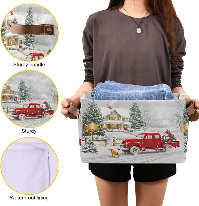 Red Truck Christmas Storage Basket Bin Xmas Tree Winter Snowman Fabric Storage Box Cube with Handles Kids Toys Hamper Closet Shelves Basket Organizer for Bedroom Nursery Home Decorative