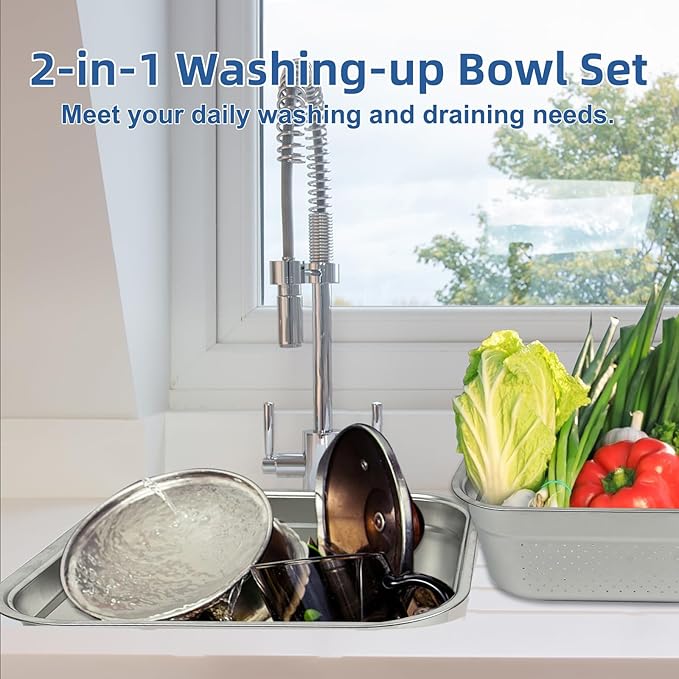 2-in-1 Stainless Steel Washing Up Bowl Set, 12.8" Sturdy Square Dish Tub with Colander, Fruit Vegetable Washing Basin for Sink, Food Grade Dishpan for Draining Rice, Pasta, Food Strainer Mixing Bowl