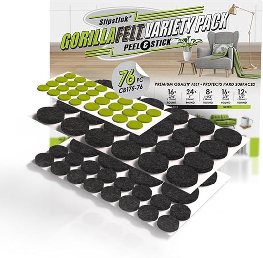 Slipstick Gorilla Felt Furniture Pads (76 Piece Variety Pack) Premium Furniture Pads & Chair Leg Floor Protectors for Hardwood Floors & Hard Surfaces