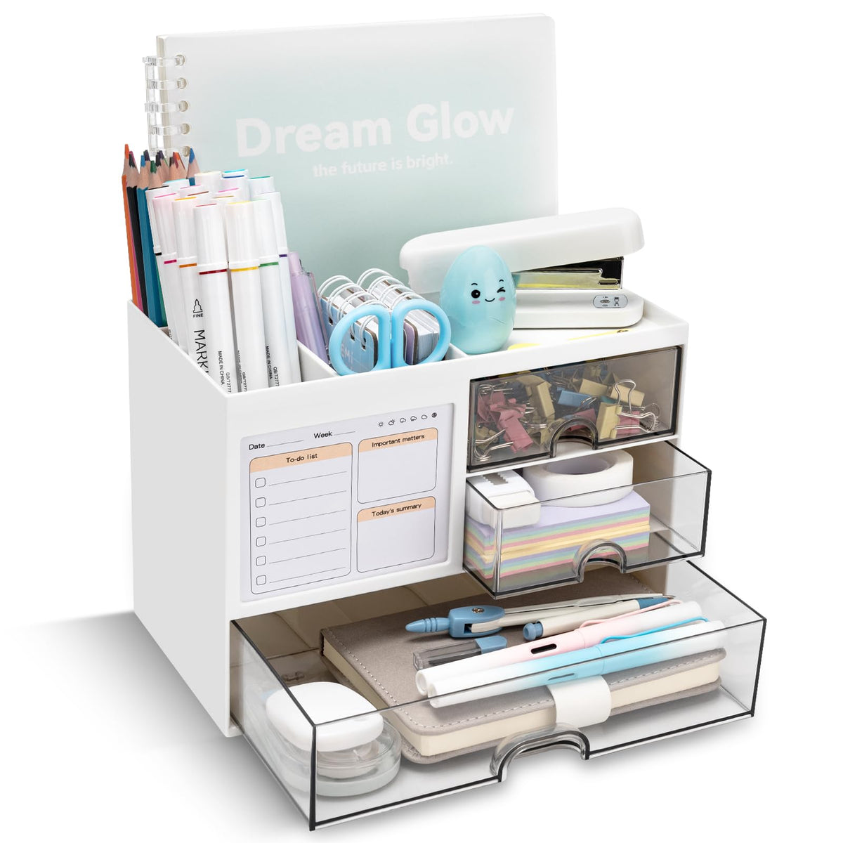 QIYVLOS Desk Organizer with 3 Drawer, Multi-Functional Pencil Pen - Image 1