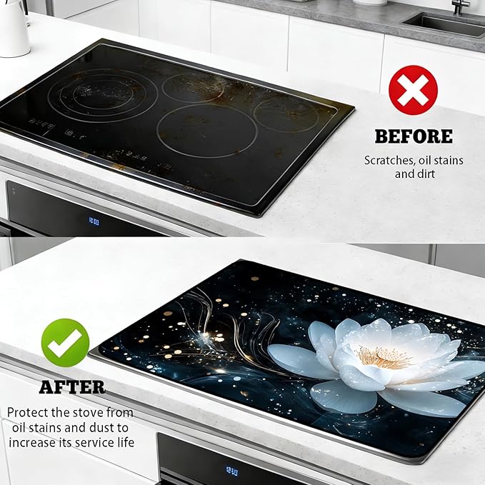 Glass Stove Top Covers for Electric Stove, Heat Resistant Counter Protector Mat, Non Slip Waterproof Surface Cover for Kitchen Counter and Cooktop (Night Lotus, 28"L x 20"W)