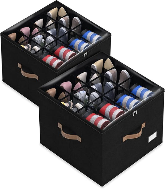 Shoe Organizer for Closet,2 Pack Shoe Storage Bins Foldable Shoe Storage Box Containers with Clear Cover and Sturdy Handles,Shoe Rack for Closet Storage for Sneakers Heels Slippers (Black)
