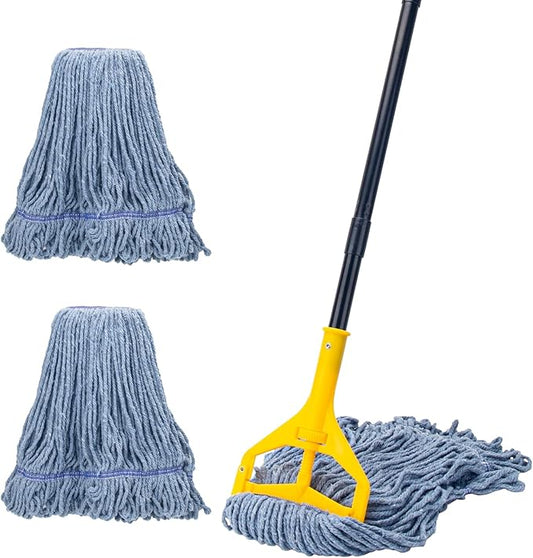 Commercial Industrial Mop with 3 Extra Large Reusable Replacement Head,59" Long Handle Heavy Duty Wet Mops,Looped-End String Cotton Mop for Floor Cleaning,House,Kitchen,Office,Garage,Tile(Yellow)