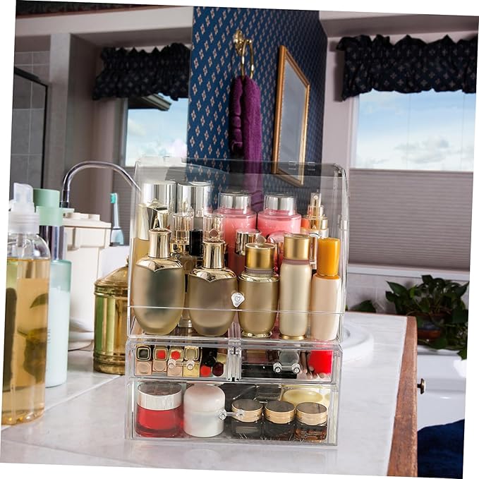 Acrylic Makeup Storage Box Lid Desktop Organizer for Cosmetic and Beauty Products Large Dustproof Drawer Type Design for Vanity and Bathroom Use