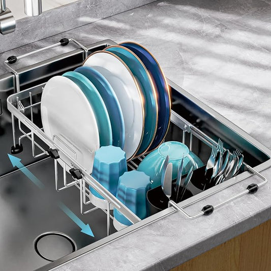 GSlife Small Sink Dish Drying Rack - 9" W Expandable Stainless Steel Compact Dish Drainer for RV, Apartment, Camper, Kitchen, Dish Strainer with Lock Knob, 11.9"-16.7" L, Silver