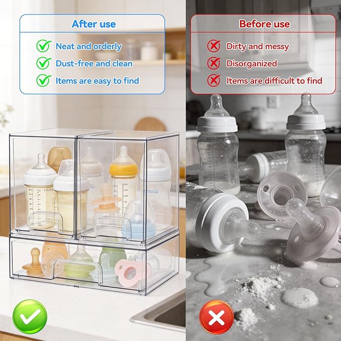 OTraki Baby Bottle Organizer, 3 Pack Stackable Storage Drawers with Labels, Clear Stackable Storage Drawers Acrylic Bottles Station for Pacifiers, Pump Parts, Desk Organizer Bins for Countertop