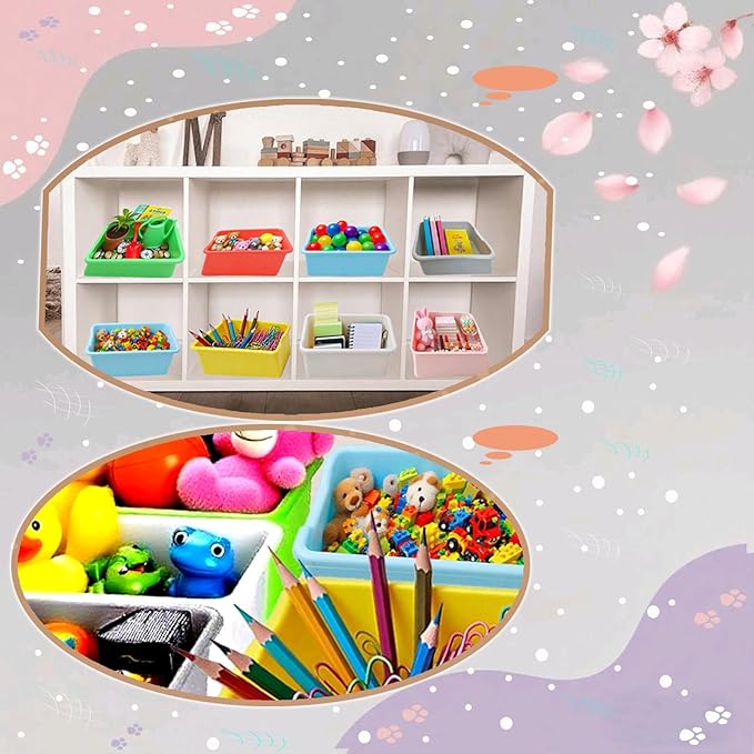 24 Pack Plastic Cubby Bins, Stackable Storage Bins with Adhesive Label Toy Book Organizer Baskets for Classroom, Library, Playroom, Home & Office Organization (Twelve Colors)