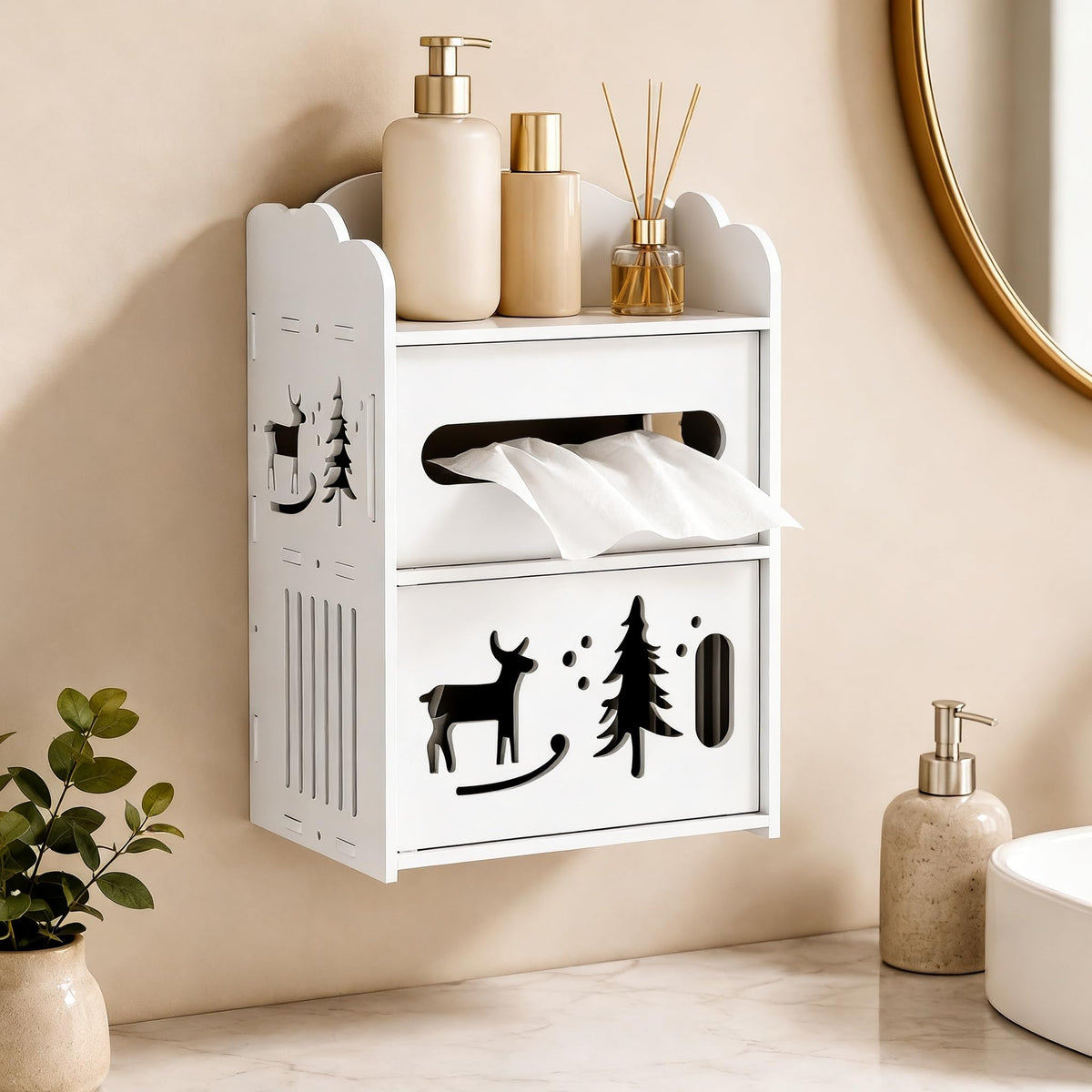 Wall Mounted Bathroom Organizer with Tissue Box Holder - Image 1