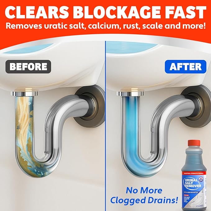 Commercial-Grade Urinal Salt Remover – Made in the USA – Odor Neutralizing Urinal Cleaner for Salt, Calcium, Rust and Scale Build-Up – Safe For All Plumbing – 32 fl oz
