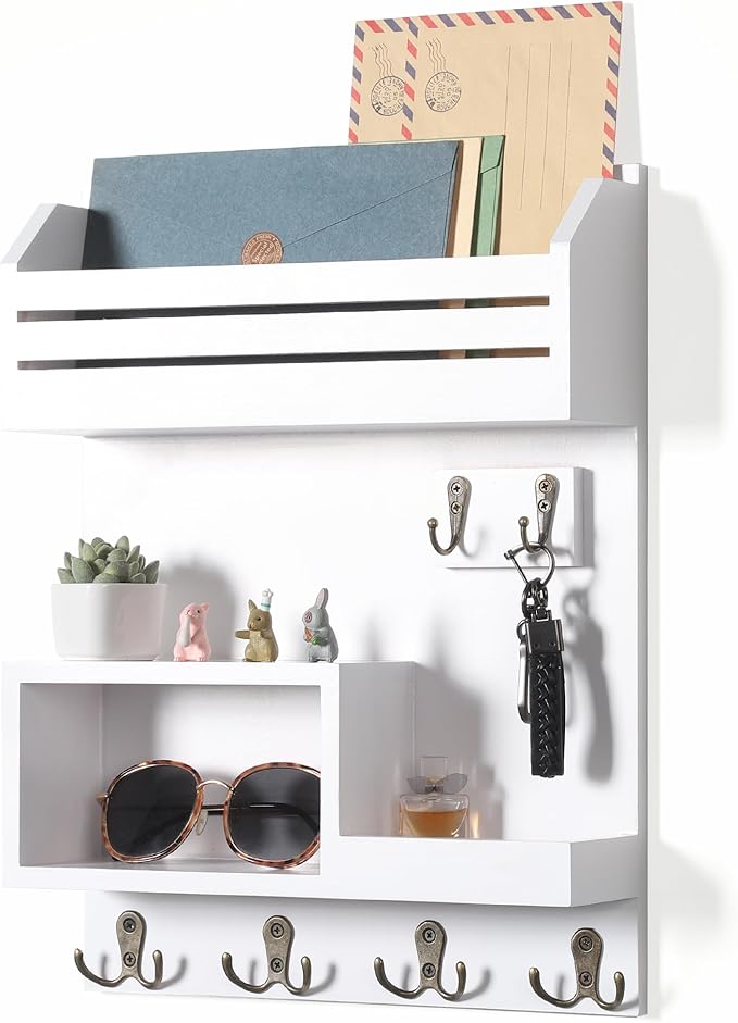 Key Holder for Wall, Wall Mounted Mail Organizer with 6 Metal Key Hooks, Key Racks for Home Entryway Decor, Luxury White