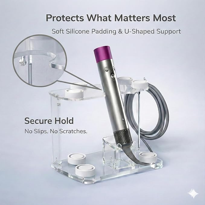 Dyson Airwrap Holder, Dyson Airwrap Organizer with 8 Slots, Clear Acrylic Stand for Shark Hair Dryer Holder, Wall-Mounted or Freestanding with Silicone Pads Bathroom Vanity Table