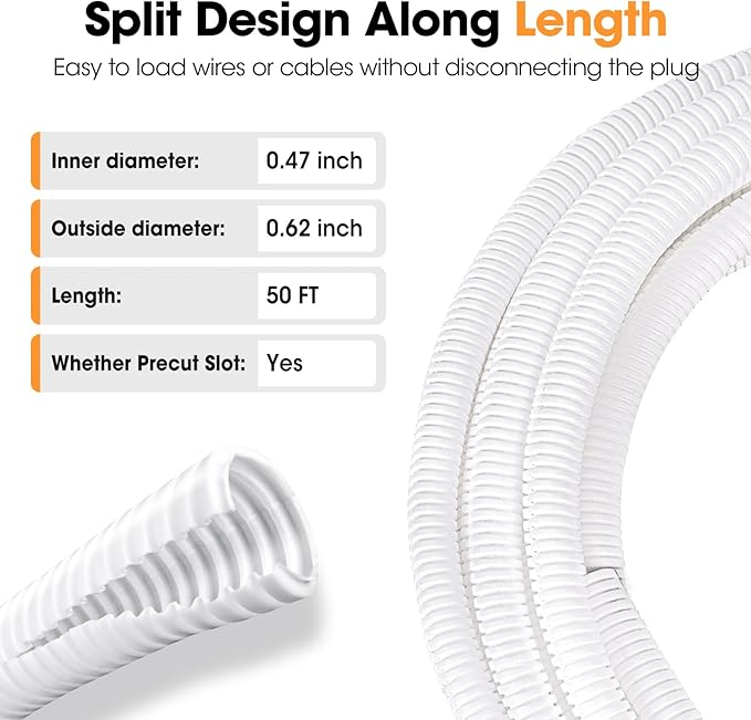 50 FT Wire Loom 1/2 Inch, Split Wire Loom Tubing Wire Conduit with Installation Tool, Flexible Wire Protector Tubing – White