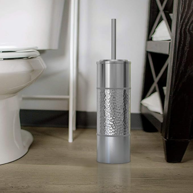nu steel Hammer Detail Stainless Steel Toilet Brush with Covered Metal Case Finish Comes with a Complete Plastic Liner Inside to Prevent Dripping, Silver