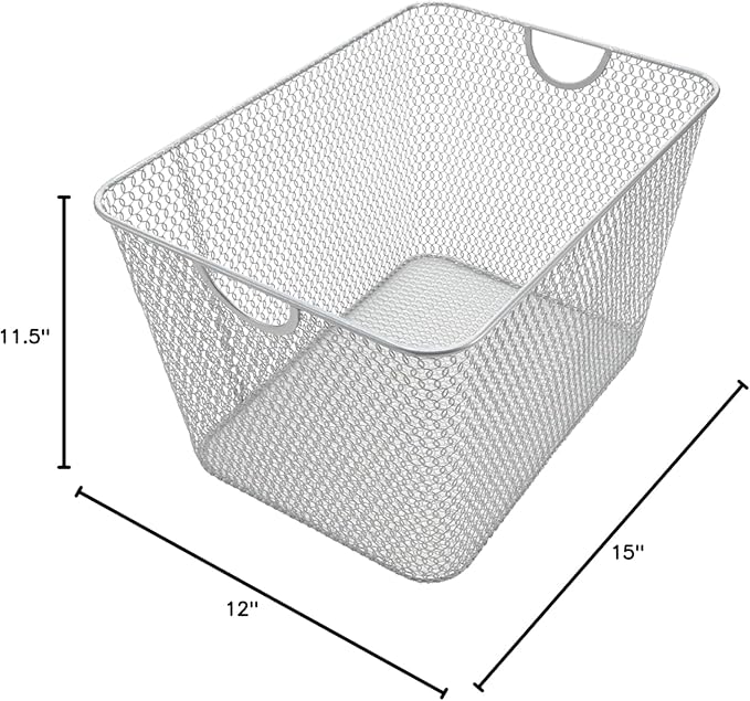 YBM Home Kitchen Pantry Organizer Mesh Wire Storage Basket for Shelves, and Cabinets, Multipurpose Steel Wire Basket for Organizing Office, Household, and Laundry Supplies,15 x 12 x 11.5 in, Pack of 2