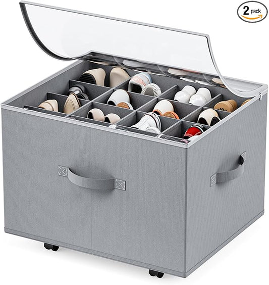HOUSE AGAIN Shoe Organizer for Closet, Shoe Storage Organizer with Wheels, Foldable Shoe Storage Box with Adjustable Dividers and Clear Cover, Reinforced Handles, Fits up to 16 Pairs, Gray