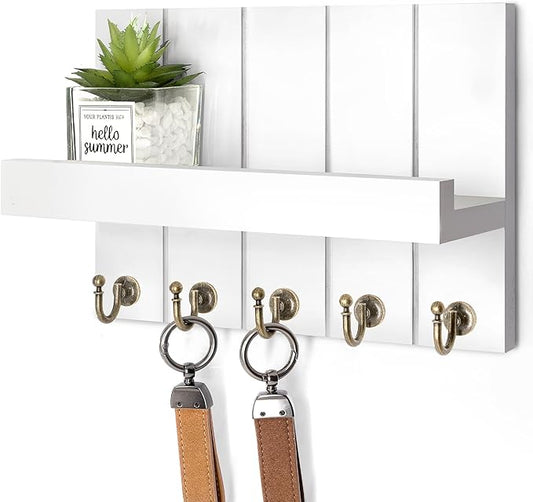Rebee Vision Key Holder for Wall - Decorative Mail Organizer Wall Mount with 5 Key Hooks for Modern Farmhouse Apartment Essentials - Home Decor for Living Room (Rustic White, 3.54"D x 10"W x 7.28"H)