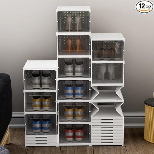YIIHAA 6 Tier Shoe Rack Shoe Storage Box Size up to 14, No Assembly Stackable with Clear Door, Free Standing Shoe Shelf Cabinet with Lid, Plastic Shoe Rack (Whtie)