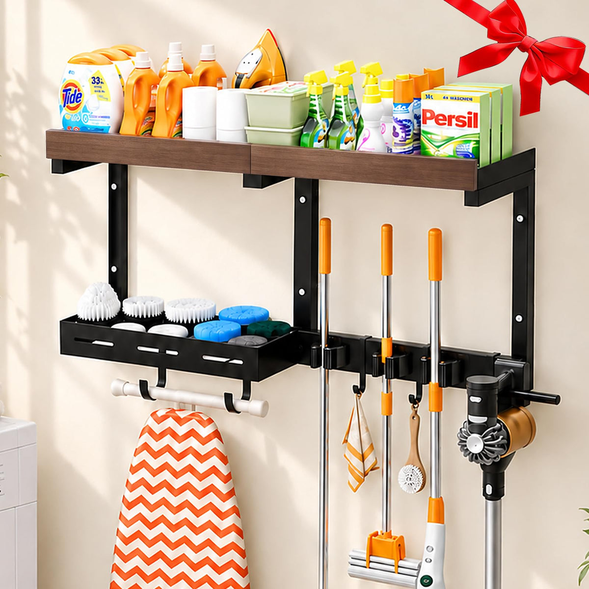 Broom and Mop Organizer with Storage Basket – Wall-Mounted Holder - Image 1