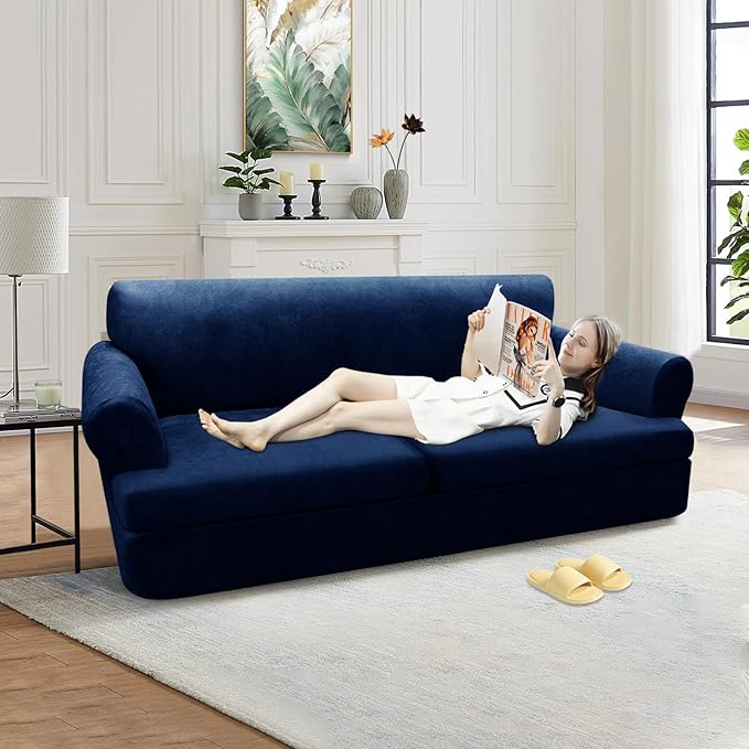 3-Pieces T Cushion Sofa Slipcovers Leather Look Couch Cover for 2 Cushion Couch Furniture Protector Stretch Sofa Cover with 2 Individual T Cushion Seat Covers Washable, Navy