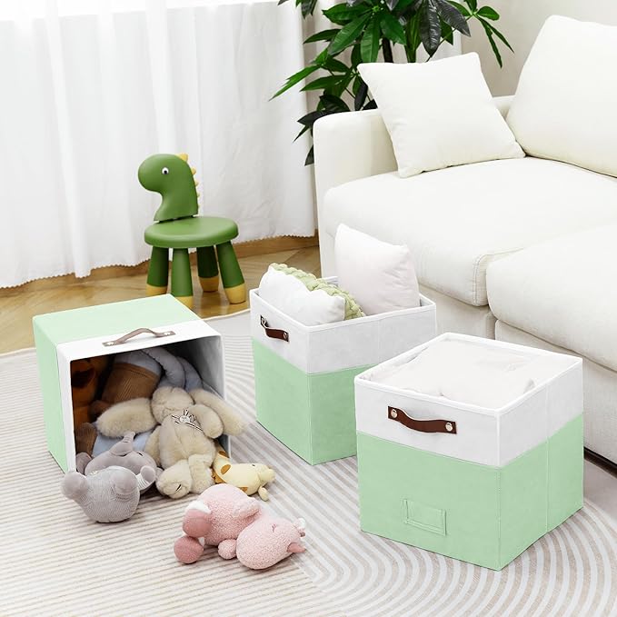 6-Pack Storage Cubes with Handles & Label Holders Basket, Closet Cube Home Organizer Bins(White/Green, 13 x 13 x 13 inch)