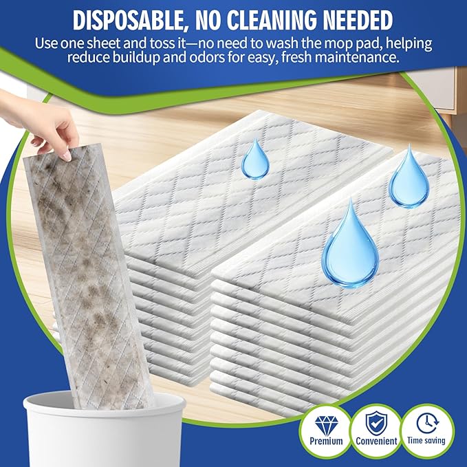 Disposable Wet Cleaning Pads for Hardwood Floor Compatible with Bona Mops, Multi-Surface Floor Household Replacement Mopping Cloths Refills, Unscented, 30 Count