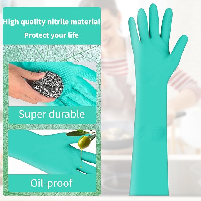 Long Sleeved Durable Nitrile Gloves 18in Reusable,Heavy duty Rubber Cleaning kitchen Cooking Anti Slip Dishwashing