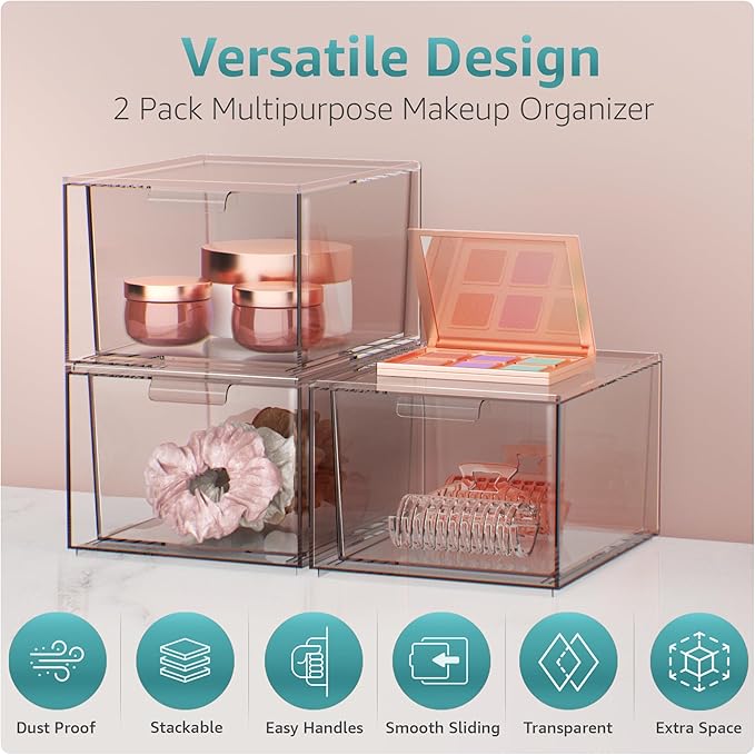 Sorbus Stackable Acrylic Drawers - Clear Make Up Organizers for Vanity - 2 Plastic Storage Bins for Room Decor, Bathroom Organization and Storage, Office Supplies, Makeup Drawer Organizer, Undersink