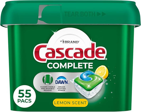 Cascade Complete Dishwasher Pods, Dishwasher Detergent, Dish Detergent Soap, Lemon, 55 Count