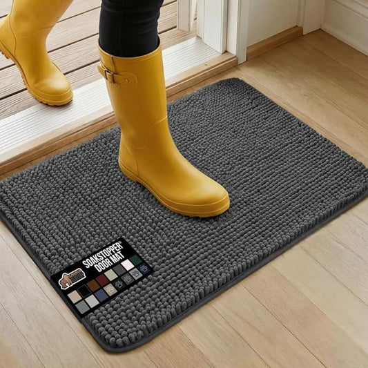 GORILLA GRIP SoakSTOPPER Dog Door Mat, Machine Washable Rug Absorbent Doormat Captures Moisture Mud Dirt, Quick Dry Soft Chenille Entryway Rugs Indoor Entrance Mats for Dog Paws, 24x17 Charcoal