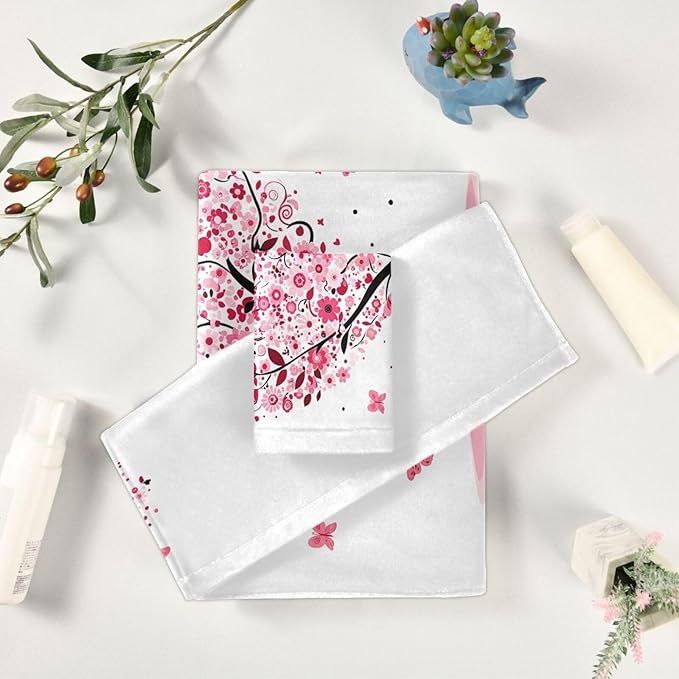 Pfrewn Pink Flowers Heart Tree Towels Set of 3 Romantic Love Spring Trees Butterfly Bathroom Towel Soft Absorbent Bath Hand Towels Washcloth Guest Towel Sets Mother's Valentine's Day Decorations