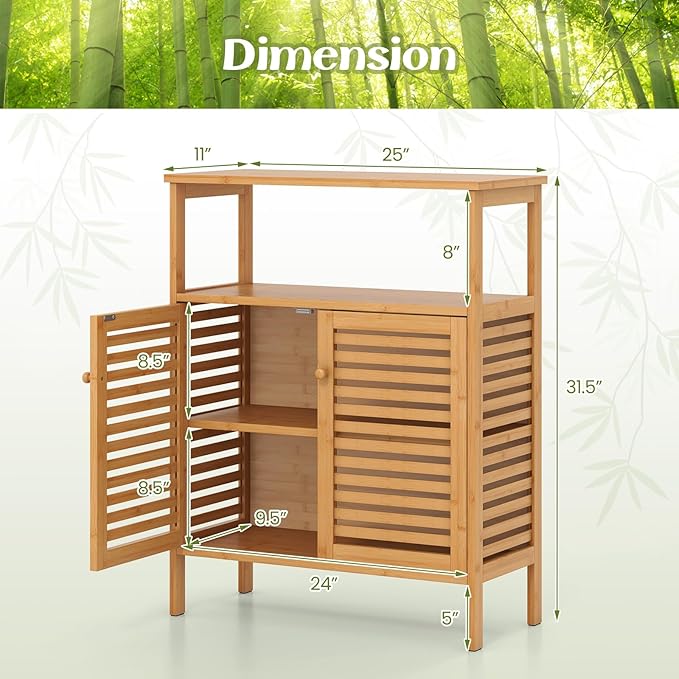 Tangkula Bamboo Floor Cabinet, Bathroom Storage Cabinet with Double Slatted Doors, Open Shelf, Removable Shelf, Storage Organizer for Bathroom Doorway Living Room Kitchen