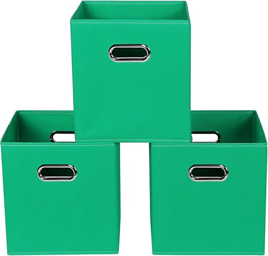 Green Foldable Storage Bins, 11x11x11, Set of 3, (Fabric Cube Organizer with Handle, for Cloth or Accessory Storage)