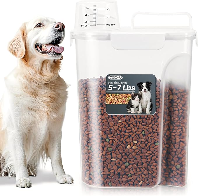 5-7LBS Upgraded Large Nozzle Cat Dog Food Storage Container BPA-free, Airtight Pet Food Storage Bin with 4 Lock Buckles, Sealing Gasket, Cup for Pet Food, Dog Treats, Rice, Flour, Dry-White