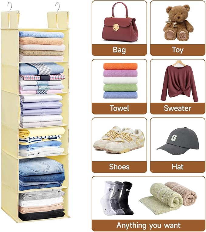 Posprica Interchangeable Hanging Closet Organizer – 6 Slim Tiers or 3 Spacious Compartments, Foldable Dual-Sided Fabric Shelf for Wardrobe, RV, Dorm(Beige)