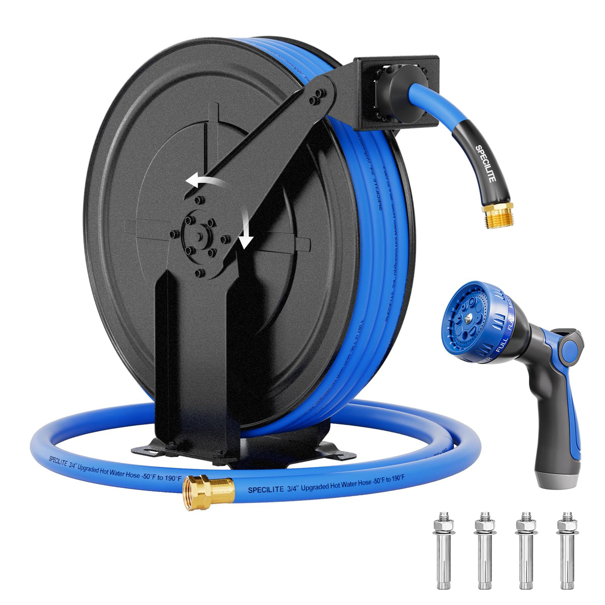 SPECILITE Hot/Cold Retractable Garden Hose Reel 50ft x 5/8", Blue - Image 1
