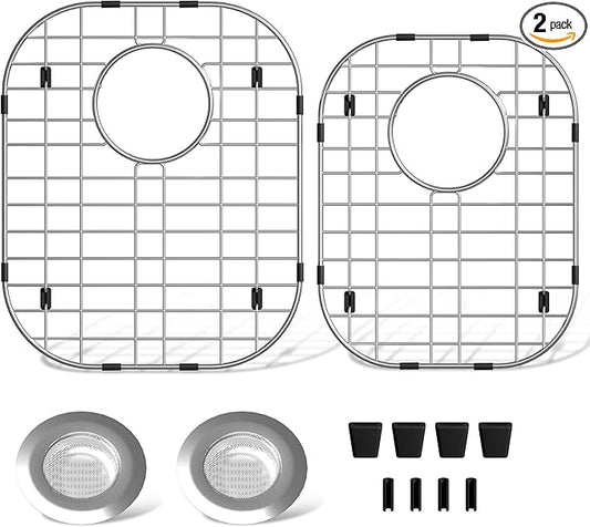 2Pack Sink Protectors for Kitchen Sink 13''x16''&11.2''x14.5'', Sink Rack for Bottom of Sink, Stainless Steel Sink Grid, Rust Resistant Metal Sink Protector with 2Pack Sink Strainer