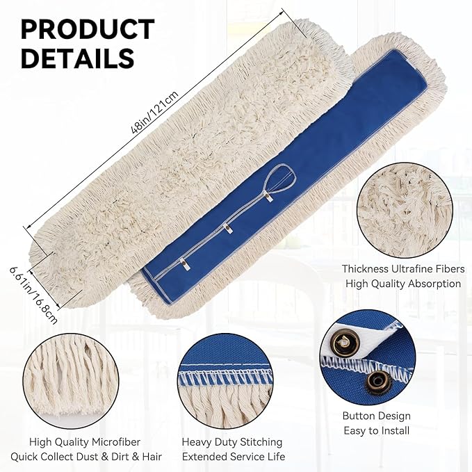 48 Inch Commerial Dust Mop Head Replacement : Mircofiber Dust Mop Head Refills for Industrial & Janitorial Supplies, Heavy Duty Mop Head for Hardwood Floor Cleaning,Blue (48 Inch - 1 Pack)