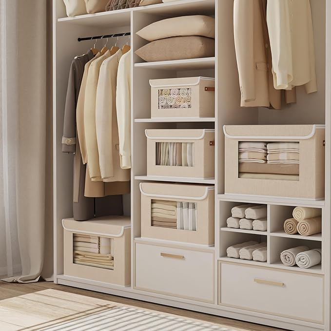 Cloth Storage Boxes, Storage Bins with Lids, 10.2 x 7.8 x 6.7 Inch Closet Organizers for Shelves Bedroom Office Organization, Beige, 5-Pack