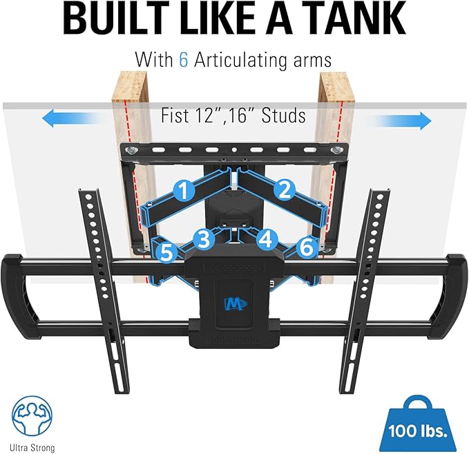 Mounting Dream TV Wall Mount for 42-75 Inch TVs, Full Motion Articulating Bracket with Swivel and Tilt, Max VESA 600x400mm, Up to 100lbs, Fits 16" Wood Studs MD2619