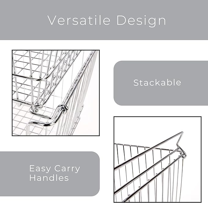 Smart Design Stacking Baskets with Handles - Set of 2 Large - Steel Metal Wire - Fruit Produce and Vegetable Safe Storage Bin Organizer - Pantry Counter Stand Rack - 12.5 x 8.5 Inch - Chrome