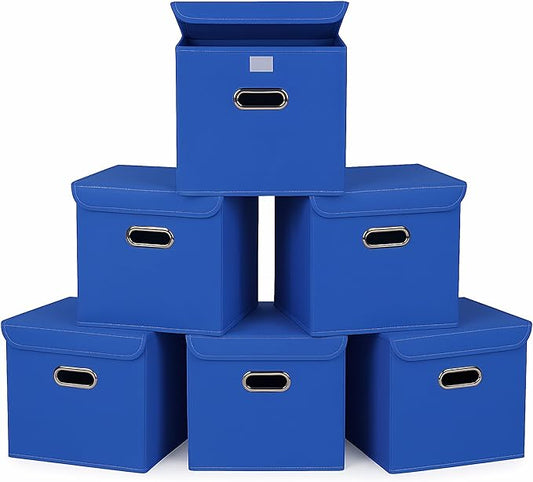 Closet Organizers Fabric Storage Bins With Lids Collapsible Cube Storage Organizer Basket With Handles,Storage Boxes for Clothes Storage,Office,Laundry,Shelves,6 Pack,（Dark Blue）