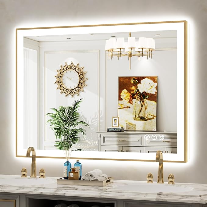 48x36 Inch LED Bathroom Mirror with Lights (Front Lit and Backlit) Gold Framed Lighted Vanity Mirror for Bathroom Wall Dimmable Anti-Fog Memory Tempered Glass Horizontal/Vertical