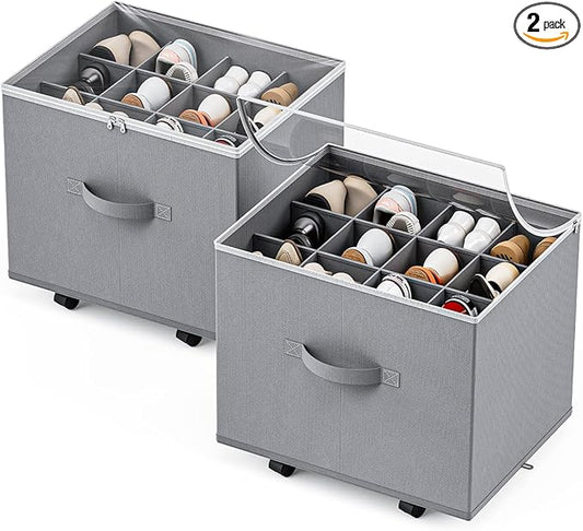 Shoe Organizer for Closet,House Again 2 Pack Shoe Storage Organizer with Wheels, Foldable Shoe Storage Box with Adjustable Dividers and Clear Cover, Reinforced Handles, Fits up to 12-24 Pairs, Gray